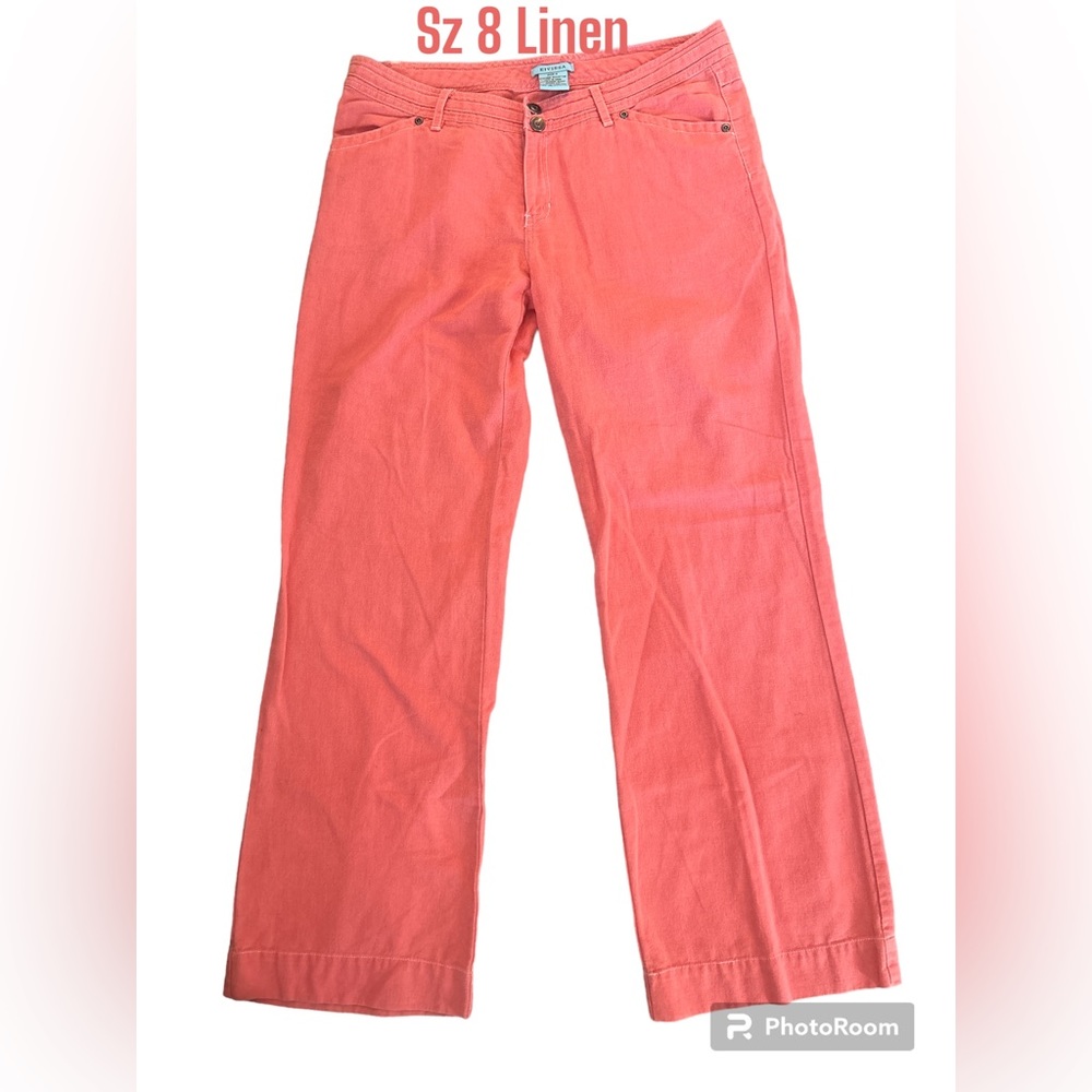 Eivissa Coral Peach Light Pink Linen Wide Leg Trouser Pants Snap Fly Sz 8 EUC